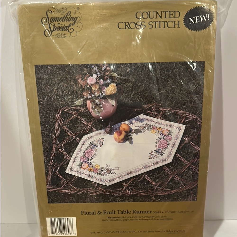 Vintage NIB Floral & Fruit Table Runner Cross Stitch Kit